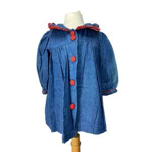 Samara Vintage Girls Denim Red Polka Dot Collar Matching Buttons Long Sleeves Si